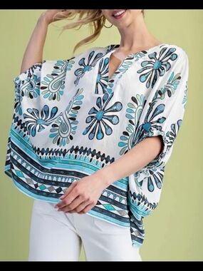 White Floral-Print Split-V Tunic Top with Teal Accents